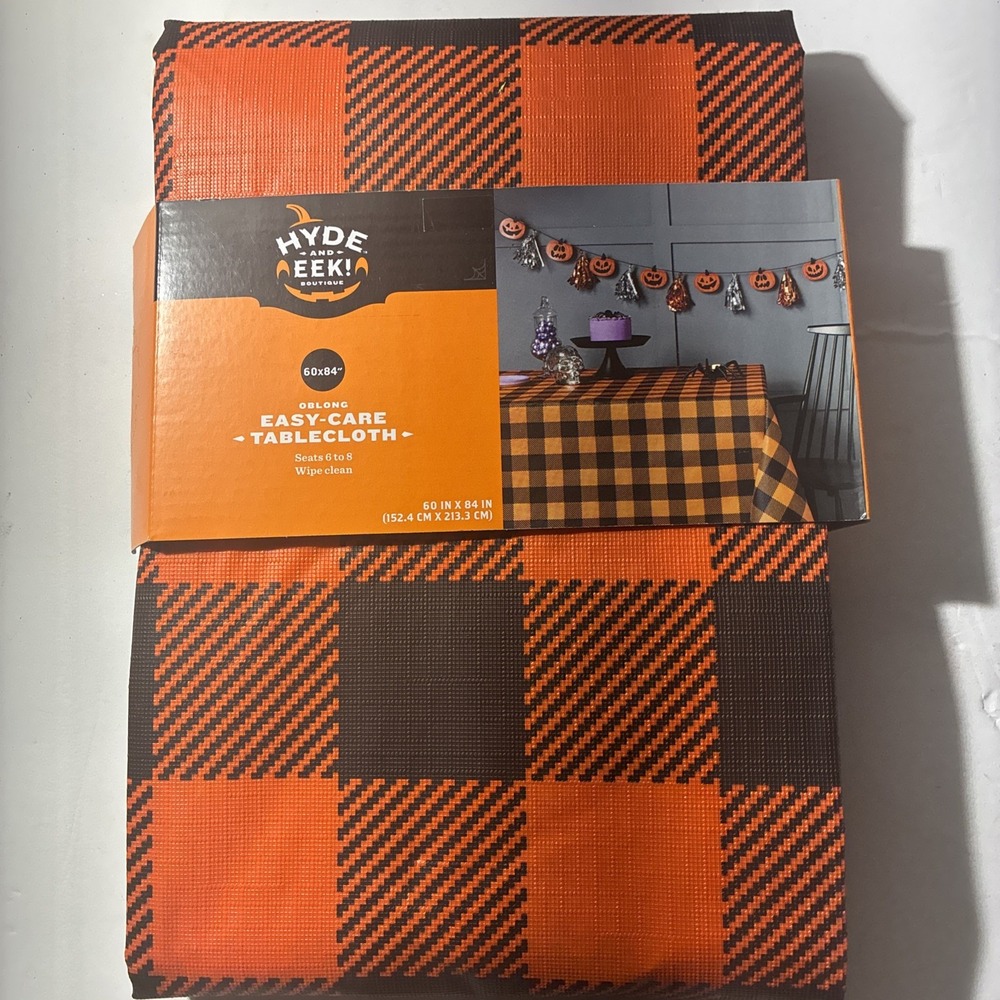 Orange and Black plaid Vinyl reusable Table Cover tablecloth 60" x 84" Halloween